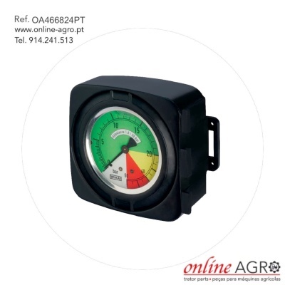 Manómetro quadrado com mostrador colorido e caixas preta.