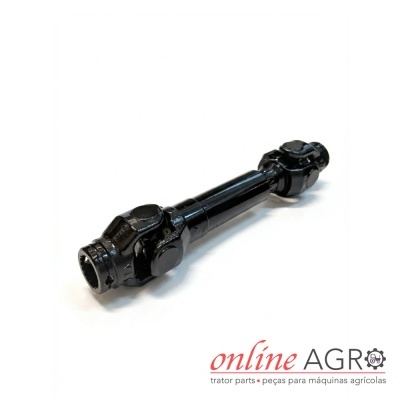 Eixo cardan metálico preto para máquinas agrícolas sobre fundo branco com logo online AGRO