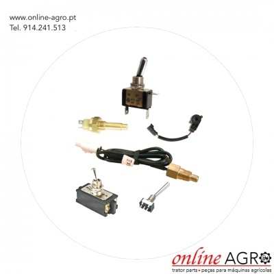 Componentes eletrónicos para máquinas agrícolas sobre fundo branco com texto de contacto