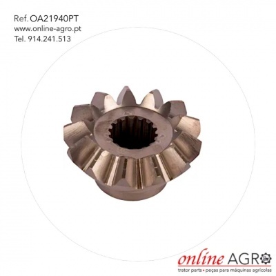 Engrenagem metálica de cor bronze com dentes cónicos sobre fundo branco