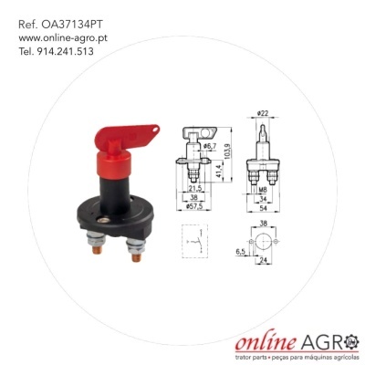 Interruptor preto com alavanca vermelha e esquemas técnicos, texto de referência e contacto