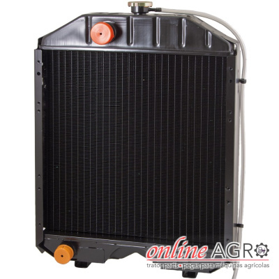Radiador metálico preto com válvulas e tubo branco