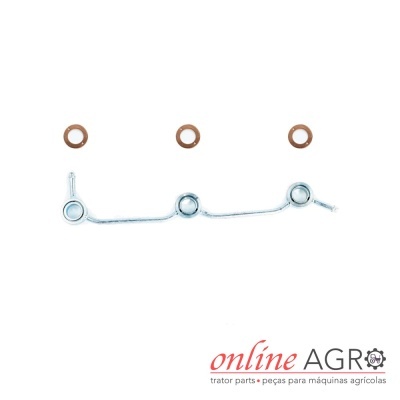 Peças metálicas para máquinas agrícolas sobre fundo branco com texto online AGRO