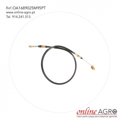 Cabo preto com extremidades metálicas e texto de referência e contacto