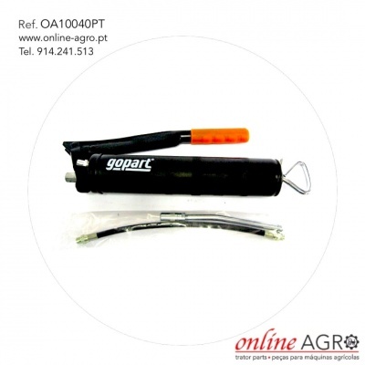 bomba de graxa manual preta com punho laranja e tubo flexível