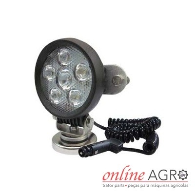 Luz redonda com 6 LEDs para máquinas agrícolas com cabo preto e suporte metálico