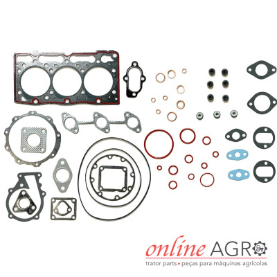 Conjunto de juntas e anéis para motor sobre fundo branco com texto da marca Online Agro
