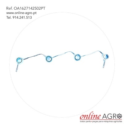 Peça metálica com quatro argolas unidas e texto de referência e contacto da loja online AGRO.