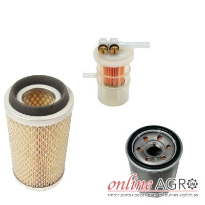 Conjunto de três filtros para máquinas agrícolas em fundo branco, com logo online AGRO