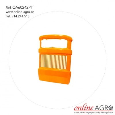 Dispositivo agrícola plástico laranja com lâminas e texto de referência e contacto