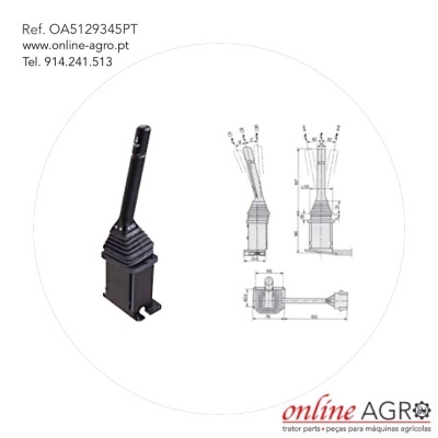 Alavanca de controlo preta com desenhos técnicos e texto de referência e contacto