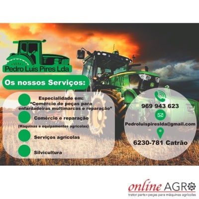 Trator verde em campo ao pôr do sol com texto de serviços agrícolas da Pedro Luis Pires Lda