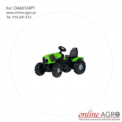 Trator verde com pneus grandes e texto de referência e contacto