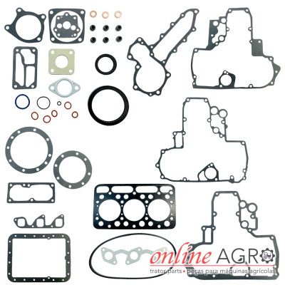 Conjunto de juntas e vedantes variados para motor agrícola sobre fundo branco