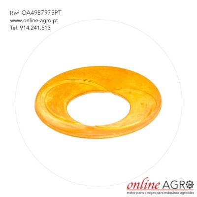 Anel amarelo circular com orifício central e detalhes textuais em fundo branco