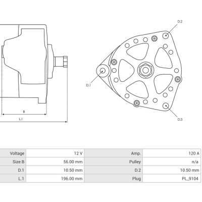 Alternador automóvel com desenhos técnicos e tabela de especificações