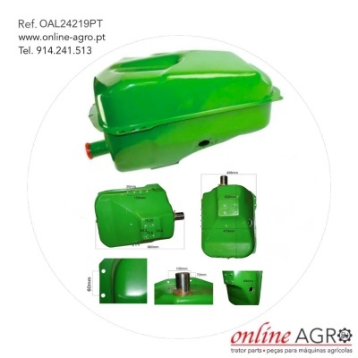 Depósito verde para máquinas agrícolas com várias vistas e dimensões