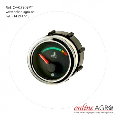 Medidor circular preto com aro prateado e ponteiro vermelho