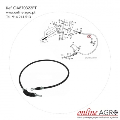 Cabo flexível preto com extremidades metálicas e desenho técnico de peças agrícolas.