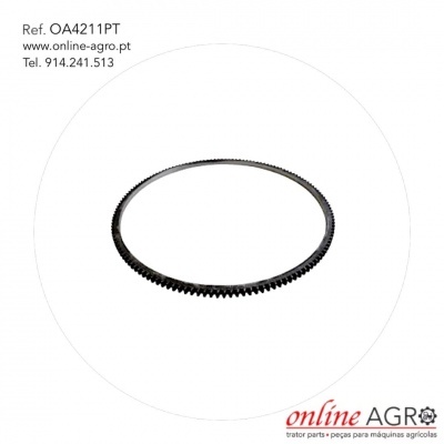 Anel dentado metálico preto sobre fundo branco com texto e logo da Online Agro