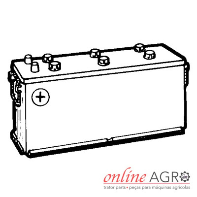Bateria de máquina agrícola em ilustração preto e branco com símbolo de positivo e logo online AGRO.