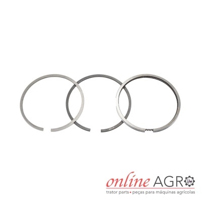 Três anéis metálicos circulares para maquinaria agrícola sobre fundo branco com logotipo online AGRO.