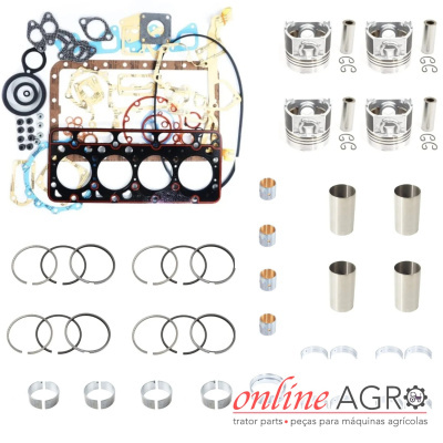 Conjunto de peças de motor para máquinas agrícolas, incluindo pistões, anéis, juntas e buchas sobre fundo branco
