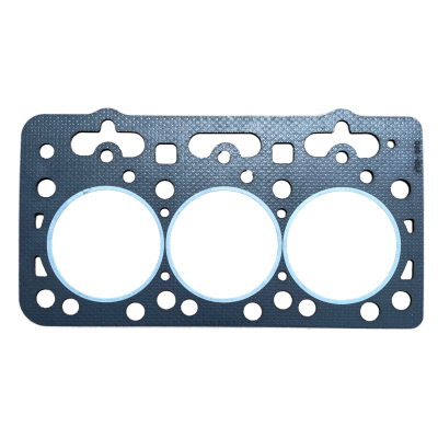 Junta de culatra azul escuro com três grandes orifícios circulares e vários orifícios menores sobre fundo branco.