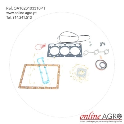 Conjunto de juntas e anéis para motor sobre fundo branco com texto de referência e contacto