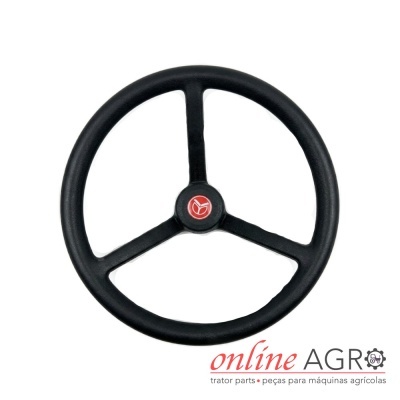 Volante preto de três raios com logótipo vermelho no centro