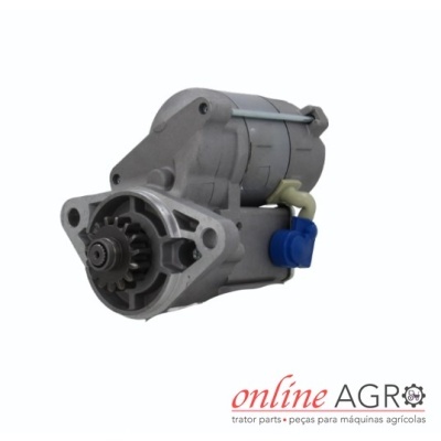 Motor de arranque cinzento com engrenagem frontal e detalhes azuis e amarelos em fundo branco