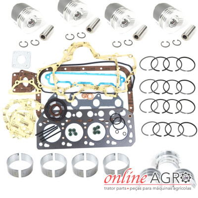 Conjunto de peças de motor incluindo pistões, anéis, juntas e rolamentos sobre fundo branco