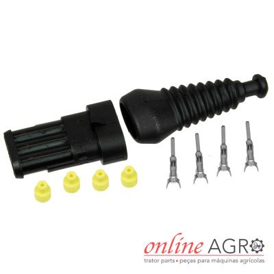 Conjunto de conector elétrico preto com isoladores amarelos e terminais metálicos