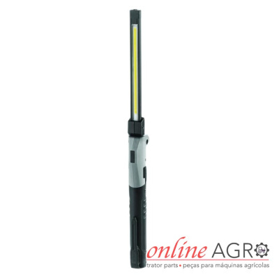 Lanterna LED branca e preta com barra de luz amarela e logótipo online AGRO