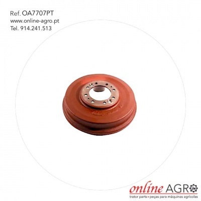 Tambor metálico vermelho para máquinas agrícolas com texto informativo e logótipo Online Agro