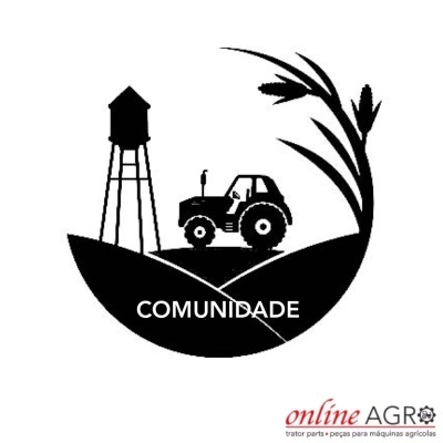 Logotipo em preto e branco com trator, torre de água, planta e texto COMUNIDADE