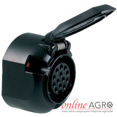 Conector elétrico preto redondo com tampa articulada em fundo branco