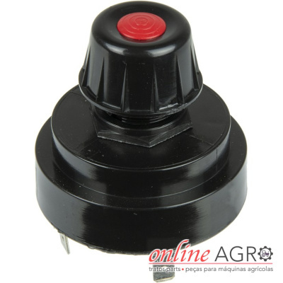 Botão preto com botão vermelho sobre fundo branco com logo online AGRO