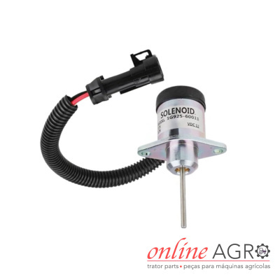Solenoide metálico com cabo preto para máquinas agrícolas com etiqueta visível