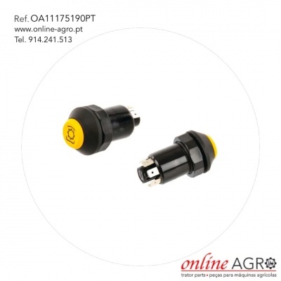 dois botões eletrônicos pretos com detalhes amarelos sobre fundo branco e texto de contato