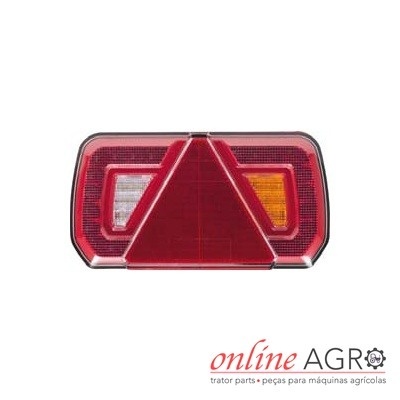 Luz traseira vermelha com lentes branca e laranja e reflexo triangular