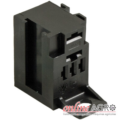 Conector elétrico preto de plástico com três encaixes e orifício de fixação