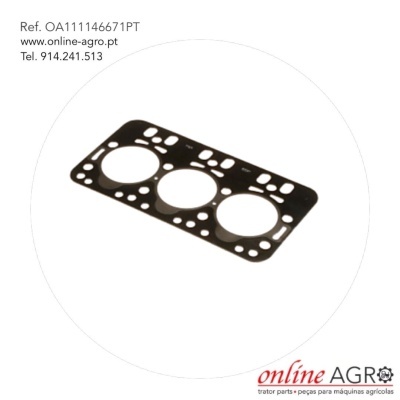Junta preta de cabeça de motor com três furos grandes e vários pequenos em fundo branco com texto de contacto
