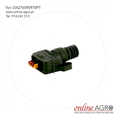 Conector elétrico preto com cabo em fundo branco e texto de referência e contacto