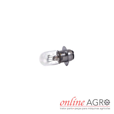 Lâmpada pequena com base metálica e vidro transparente em fundo branco com logotipo da Online Agro.