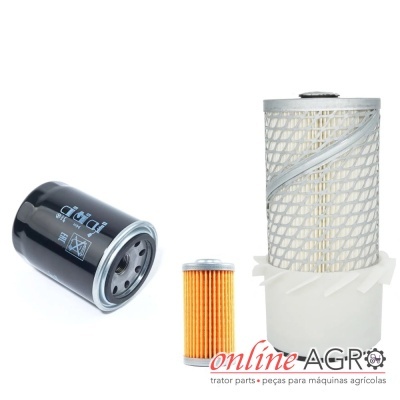 Três filtros para máquinas agrícolas: metálico preto, tubular amarelo e com rede metálica branca.