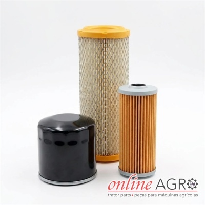 Filtros para máquinas agrícolas de vários tipos e cores sobre fundo branco com texto online AGRO