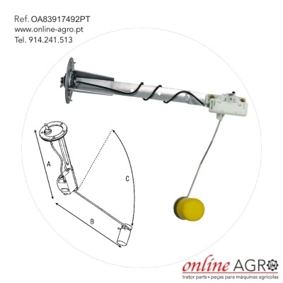 Braço metálico com boia amarela para sensor de nível de água em fundo branco com texto e desenho técnico
