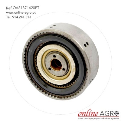 Peça mecânica redonda metálica com texto de referência e contacto de loja online agro