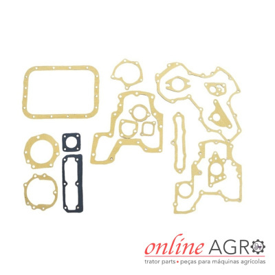 Conjunto de juntas de papel para máquinas agrícolas sobre fundo branco com logo online AGRO